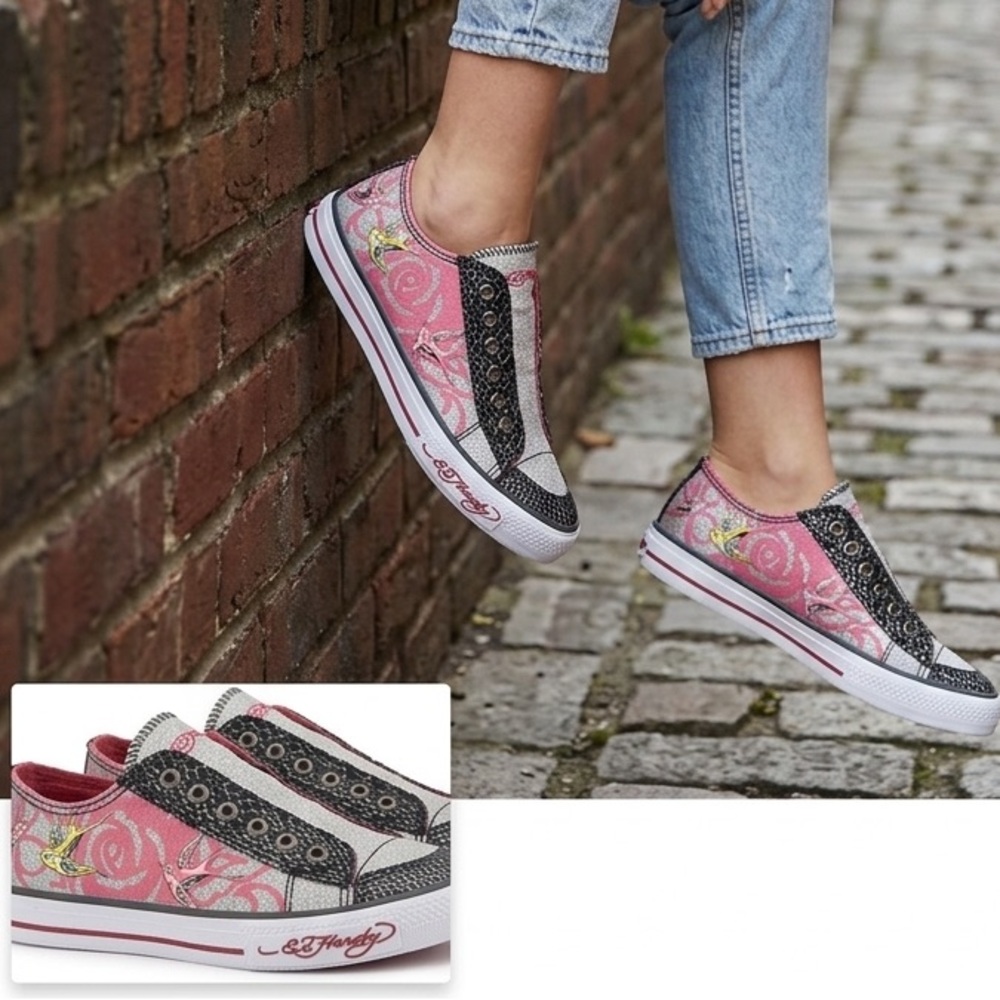 Ed hardy | NWOT pink silver koi sneakers | size 6